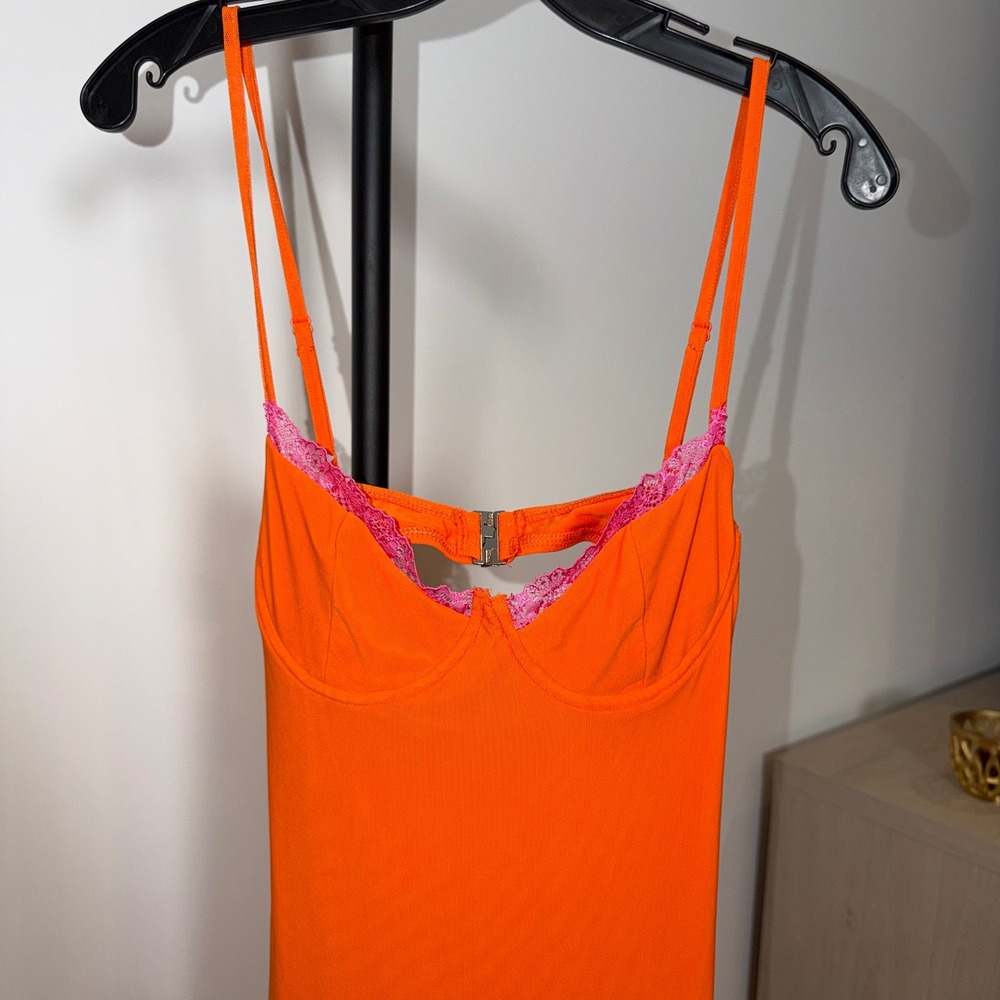 Orange Bodycon Maxi Dress Pink Lace Trim Underwire Cups Back Cutout Size S - Picture 3 of 7